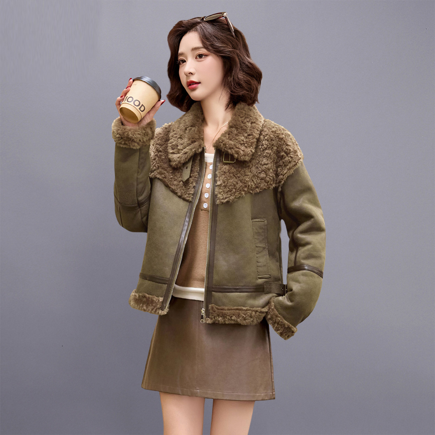 Fur Integrated Thick Outwear Women's Short 2025 Winter New Warm Imitation Lamb Hair Suede Motorcycle Jacket Top