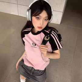辣妹插肩袖短袖t恤女2023夏季复古撞色拼接修身显瘦短款上衣潮牌