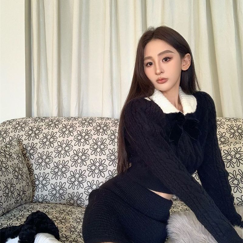 复古时尚针织套装女蝴蝶结毛衣上衣秋冬半身裙气质减龄甜辣两件套