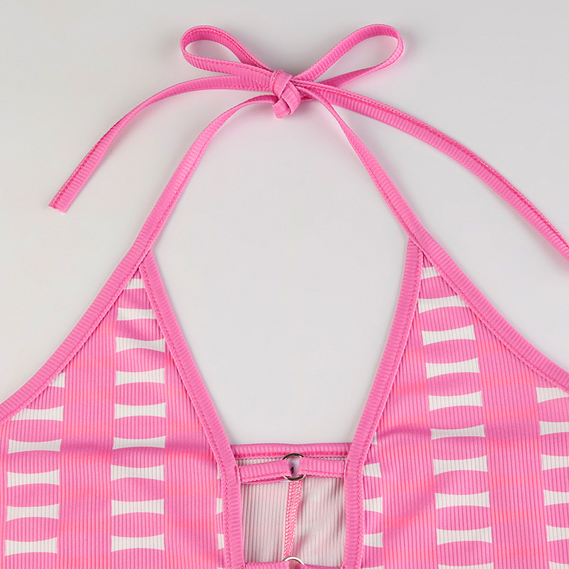 Sexy Women Clothing Barbie Pink Striped Contrast Color Deep V Plunge neck Hollow Out Cutout out Tight Braces Halter Jumpsuit Skinny Trousers