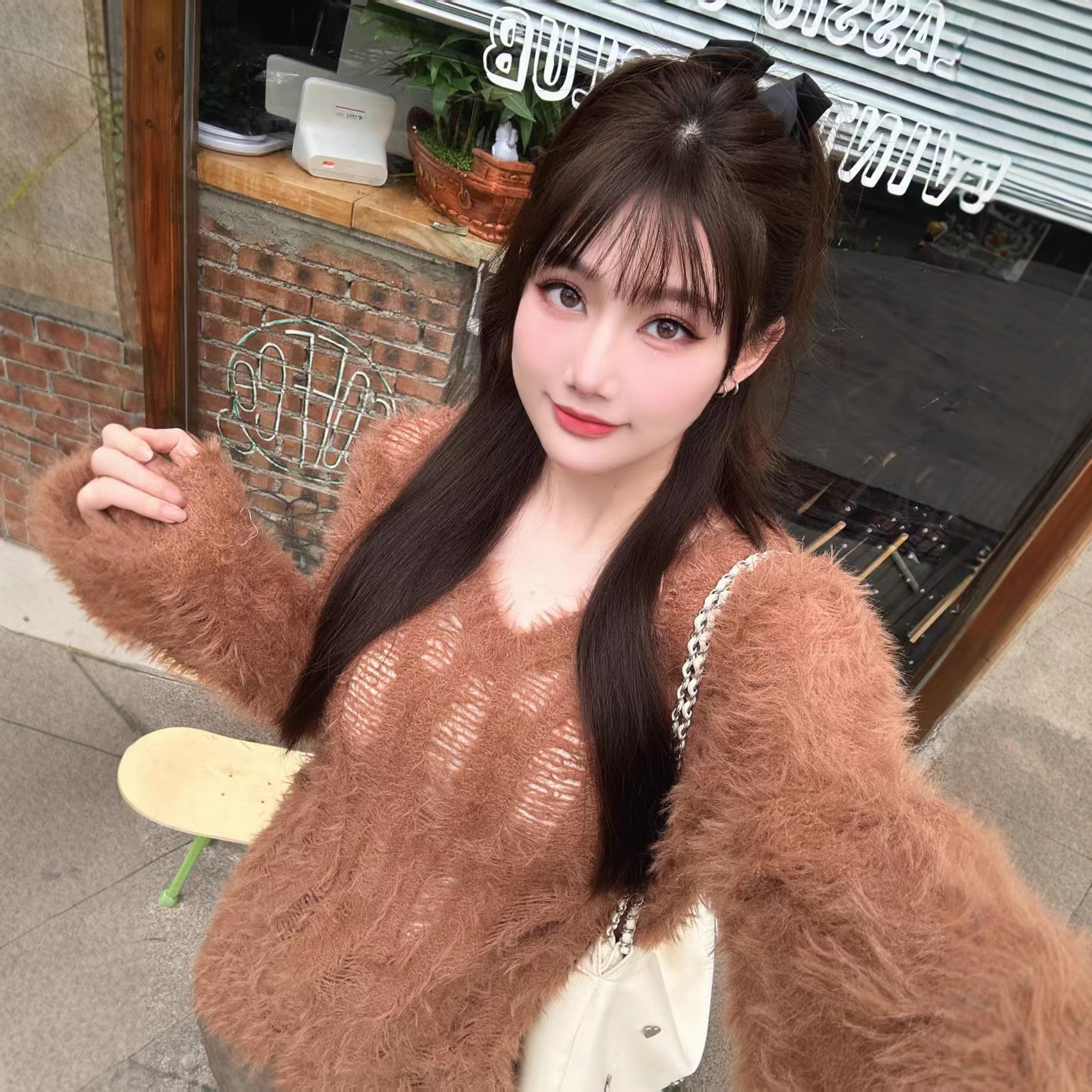 复古名媛淑女气质蝴蝶结镂空宽松蝙蝠套头毛衣超柔真丝长马海毛