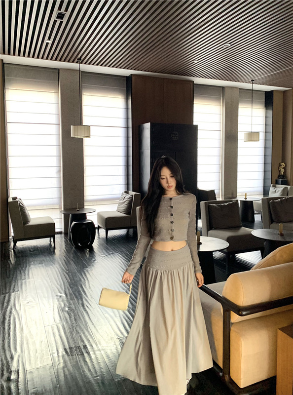 秋季套装女装针织开衫短款露脐长袖上衣高腰大摆a字半身裙长裙子|undefined