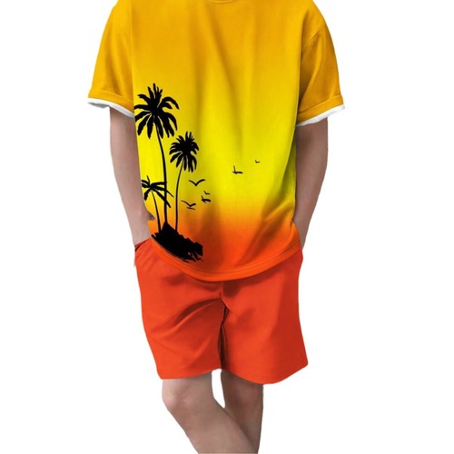 TEMU Summer 3D Print T-shirt and Short Set for Men, Gradient Coconut Tree Pattern Casual Trendy