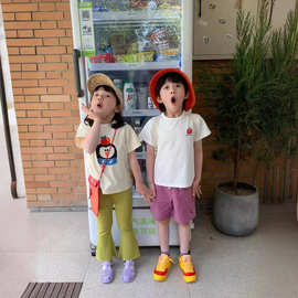 韩版儿童2024夏季新款卡通基础短袖T恤男女童三色可爱宽松短袖棉