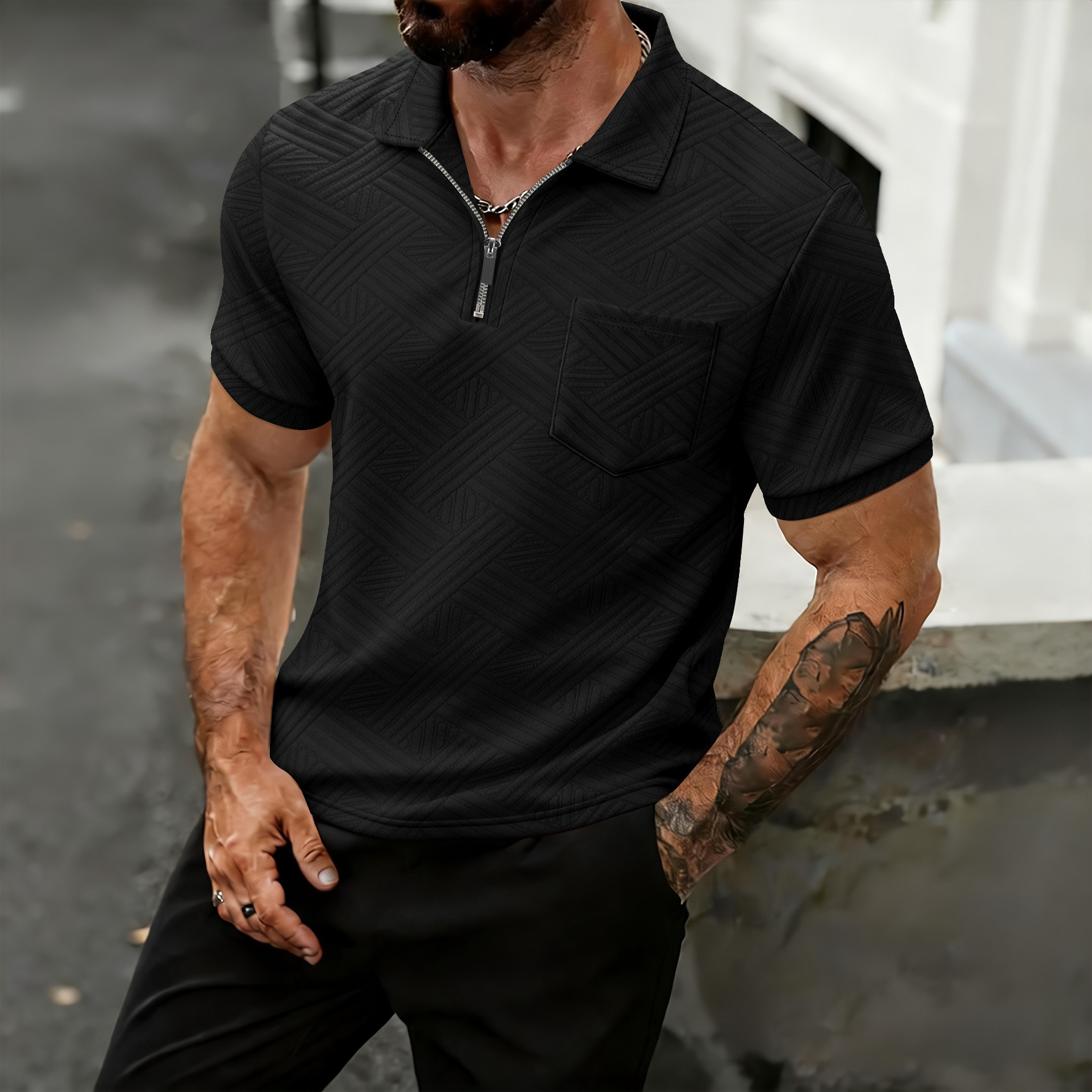 Polo da uomo in stile americano, vestibilità comoda e casual, con colletto rovesciato, tasche con cerniera, maglietta in jacquard traspirante, primavera autunno estate_voghion.com