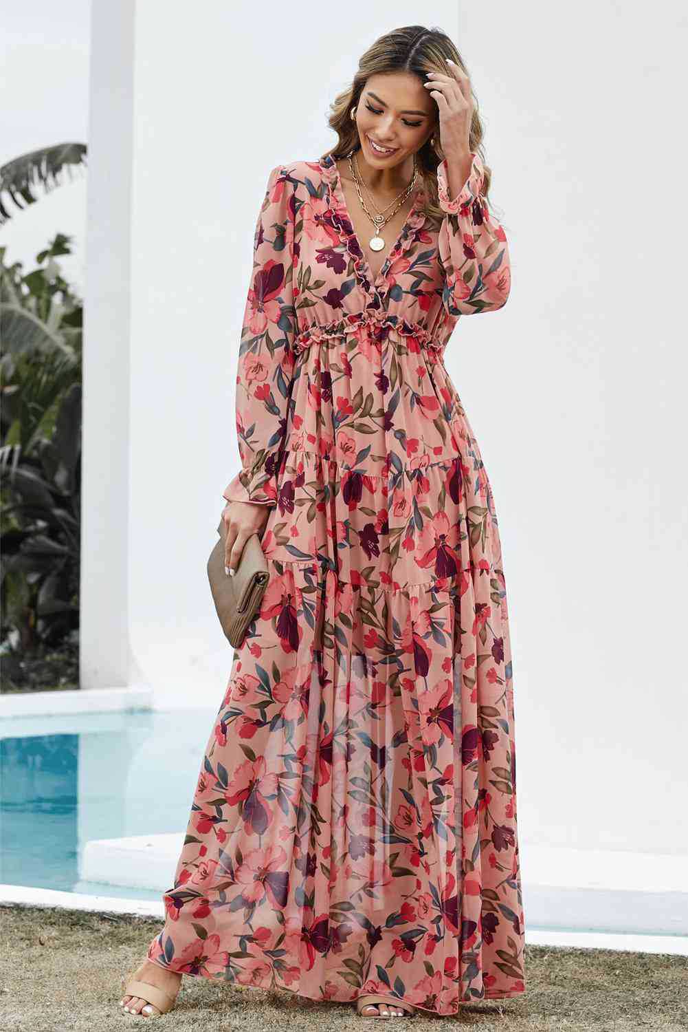 Robe de soirée bohème à manches longues, col en V, en mousseline florale, style européen et américain, collection été 2025 pour femmes_voghion.com