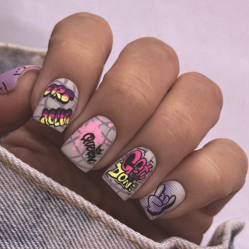 Frosted Smile Letters Graffiti Fake Nails Finished Products Wholesale Wear Armor Removable Nail Art