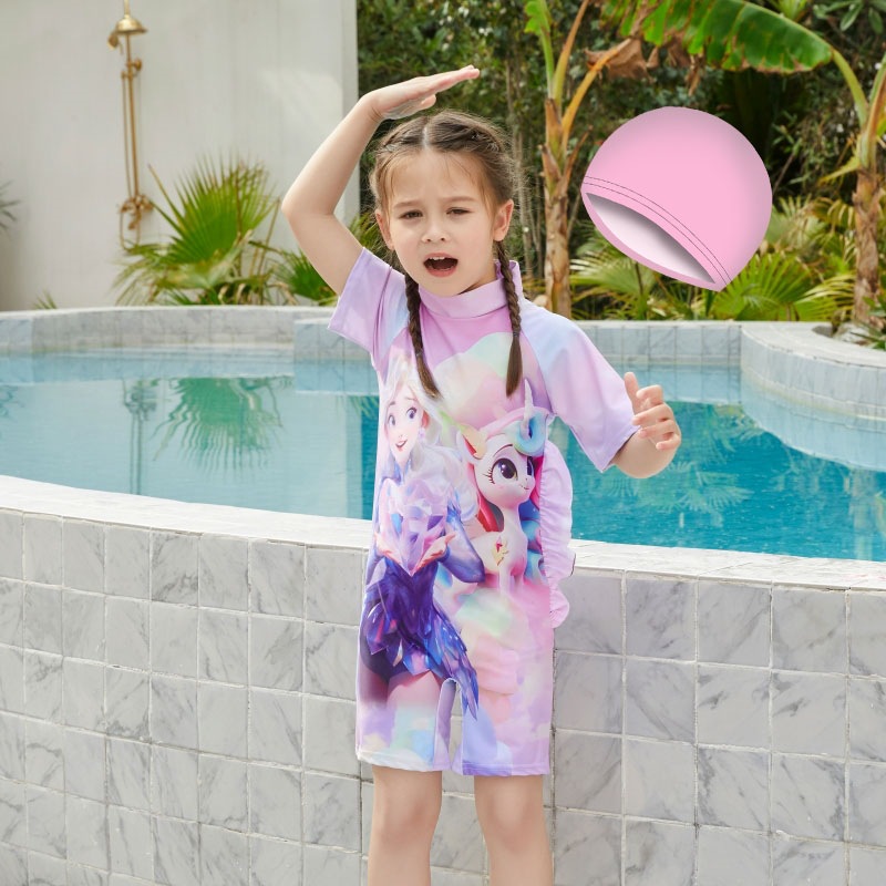 Comercio exterior del sudeste asiático traje de baño para niños niñas de dibujos animados de una pieza de manga corta protector solar para niñas ropa de viaje de secado rápido para niñas