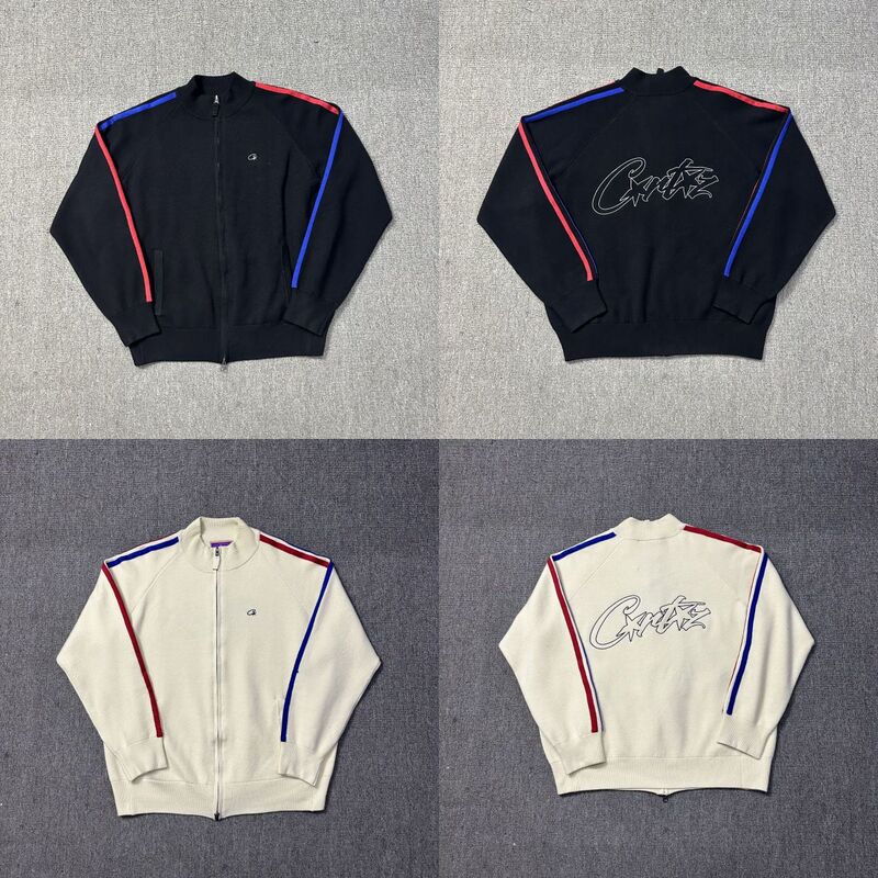 Croteiz Street Hip-Hop Embroidered Letters Stand Collar Zipper Red and Blue Pull-Up Cardigan Knitwear Knitwear Jacket