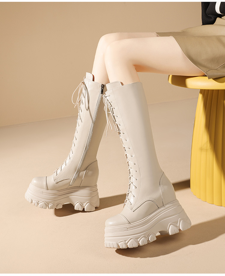 Boot nữ cổ cao ôm bắp chân dây buộc gót 12 cm phong cách retro Anh — Đen nhung chi tiết 7