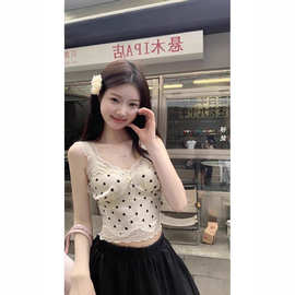 法式复古短款蕾丝波点白色吊带背心女夏季外穿小众设计感无袖上衣