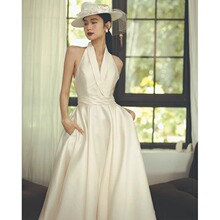 2025新款缎面复古挂脖轻婚纱订婚法式赫本风晚礼服港风气质礼服裙