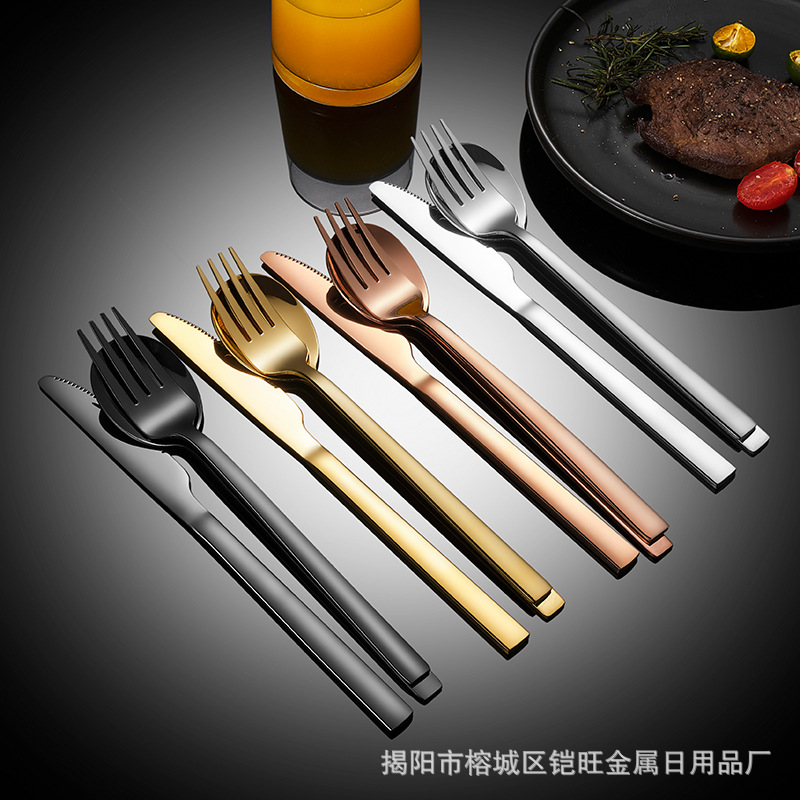 Cross-border 304 stainless steel knife, fork, and spoon set, Korean-style spoon, titanium gold square handle steak knife, fork, and spoon set