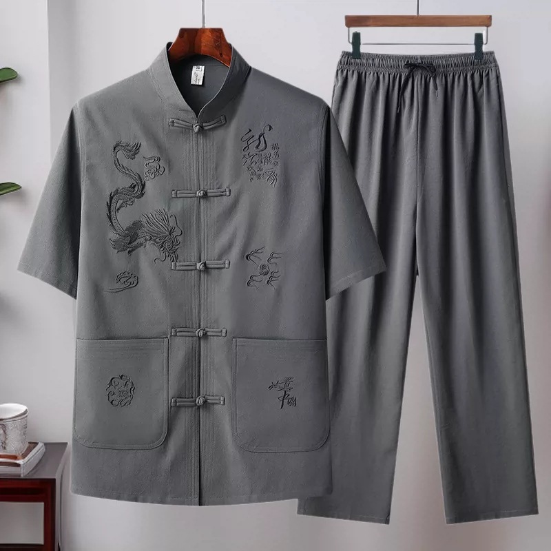 Summer ice silk dragon pattern Zhongshan suit set for men, middle-aged and elderly fathers, new Chinese style, wholesale short-sleeved two-piece set.
