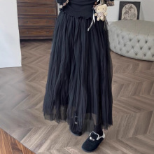 广州十三行高货爆款~2025秋季压皱黑色高级感松紧腰仙女裙网纱裙