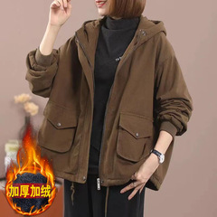 加绒外套女冬季连帽棉衣宽松大码显瘦休闲服百搭加厚纯色棉服