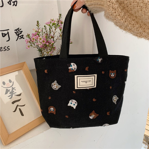 11262 Japanese embroidered cat handbag Korean style literary cute lunch bag working student small handbag