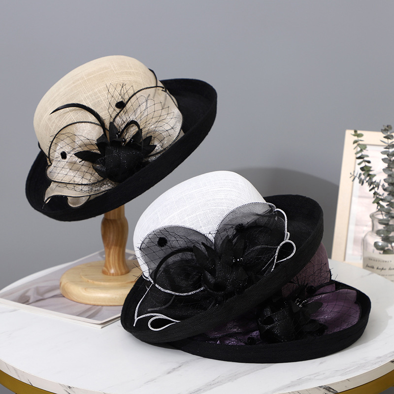 Hat Women's Summer Linen British Retro Hepburn Fashion Hat Elegant French Fashion Socialite Curled Flower Topper Hat Women's Summer Linen British Retro Hepburn Fashion Hat Elegant French Fashion Socialite Curled Flower Topper