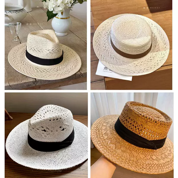 Handmade Straw Hat for Women, New Old Money Style French-Style Hat, Hollow Woven Flat-Top Sun Hat for Seaside Vacation, Large Size