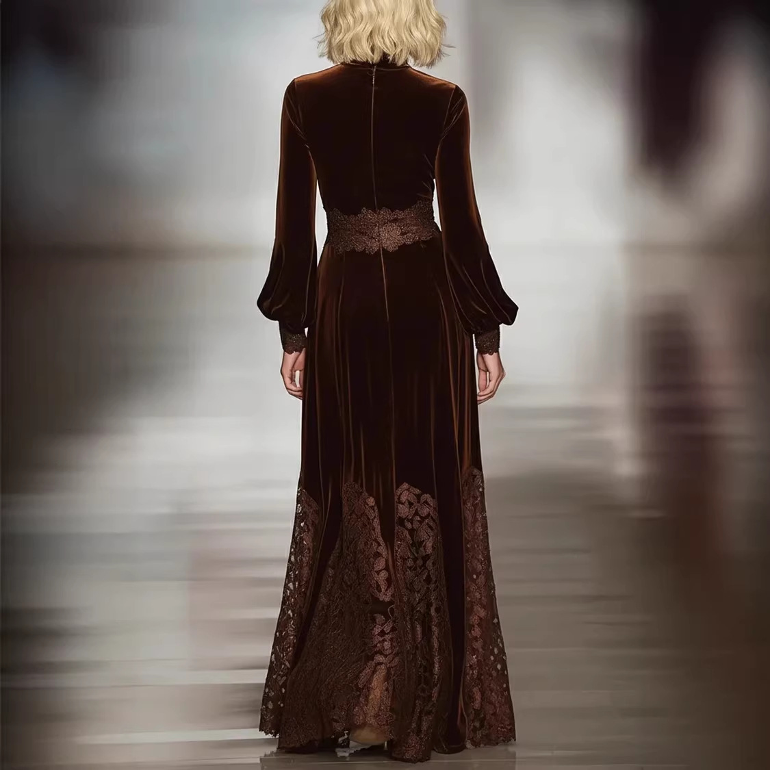European And American Style Women's Brown Lace Long Sleeve Slim Fit Patchwork Dress 2025 Independent Website_ecoleips.com