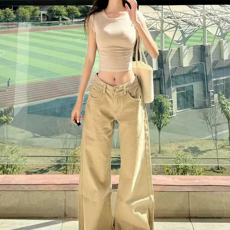 American-Style Khaki Wide-Leg Jeans, New Low-Waist Summer Slim-Fit Straight Loose Floor-Length Pants
