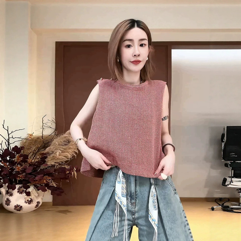 Korean Style Summer New Casual Minimalist Vest Versatile Three-Dimensional Cut Woven Mesh Round Neck Tank Top Trendy Korean Style Summer New Casual Minimalist Vest Versatile Three-Dimensional Cut Woven Mesh Round Neck Tank Top Trendy