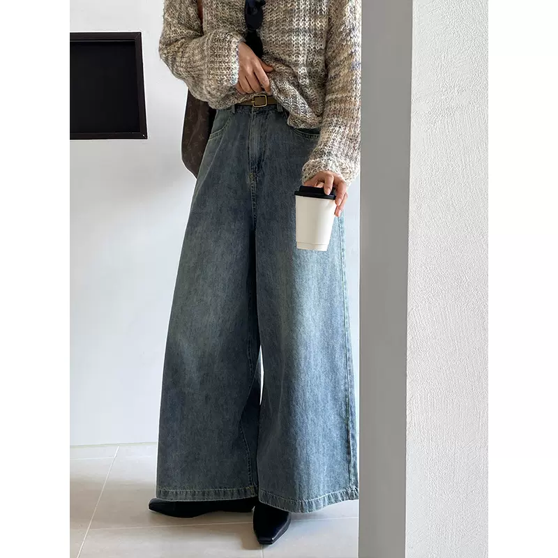 江左 吹爆这条软牛仔裤！遮肉高腰直筒阔腿裤复古韩版休闲裤6195