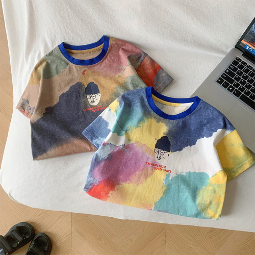 Nausicaa of the Valley of the Wind 2024 new summer children's clothing children's tie-dye style printed T-shirt boys handsome ink style short-sleeved thin