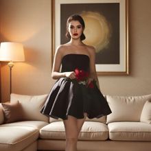 跨境黑色抹胸小个子晚礼服短款设计感甜酷小众派对舞会礼服裙批发