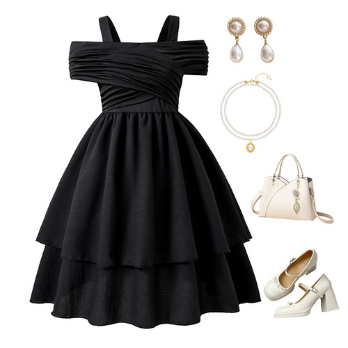 Girls' Dress, Children's Clothing, Summer New Arrival Off-Shoulder Strappy Pleated Double-Layer Flared Princess Dress