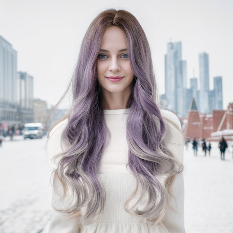 Perruque synthétique pour femmes, couvre-tête en soie haute température, fendue moyenne, marron dégradé, violet, gris, cheveux longs bouclés_voghion.com