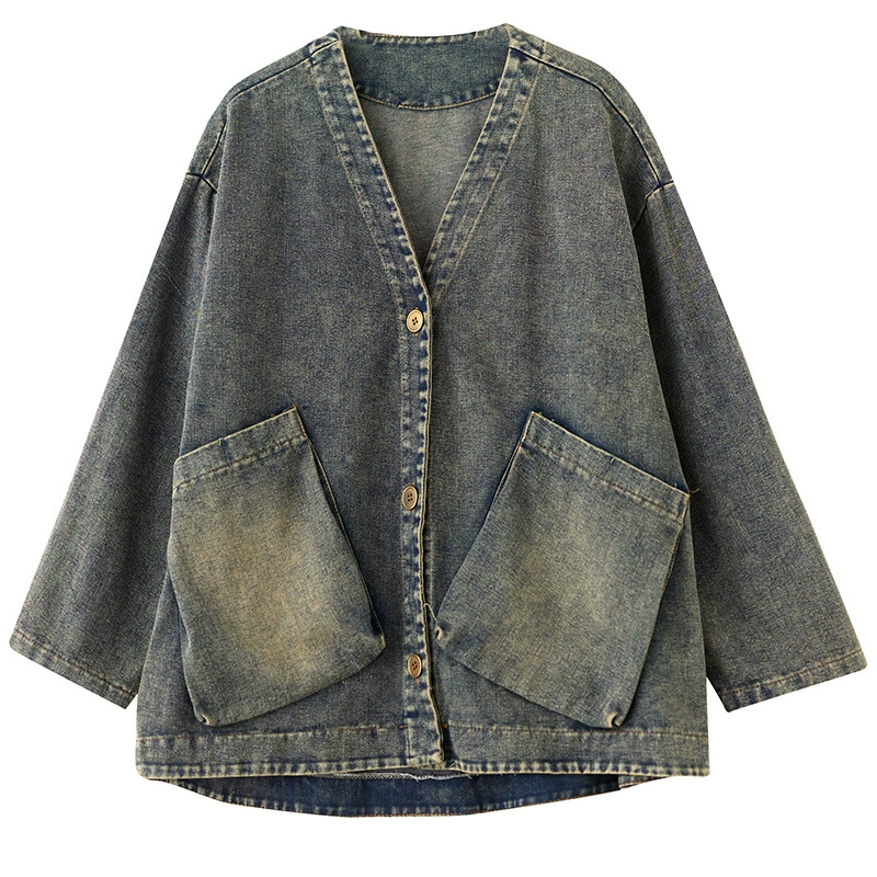 Denim spring jacket for leisure, V-neckline, plus size