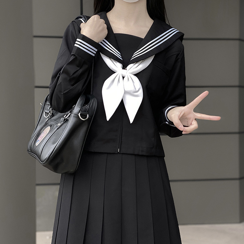 暗黑系黑三本水手服日系原创学院风基础款JK制服中间服百褶裙套装
