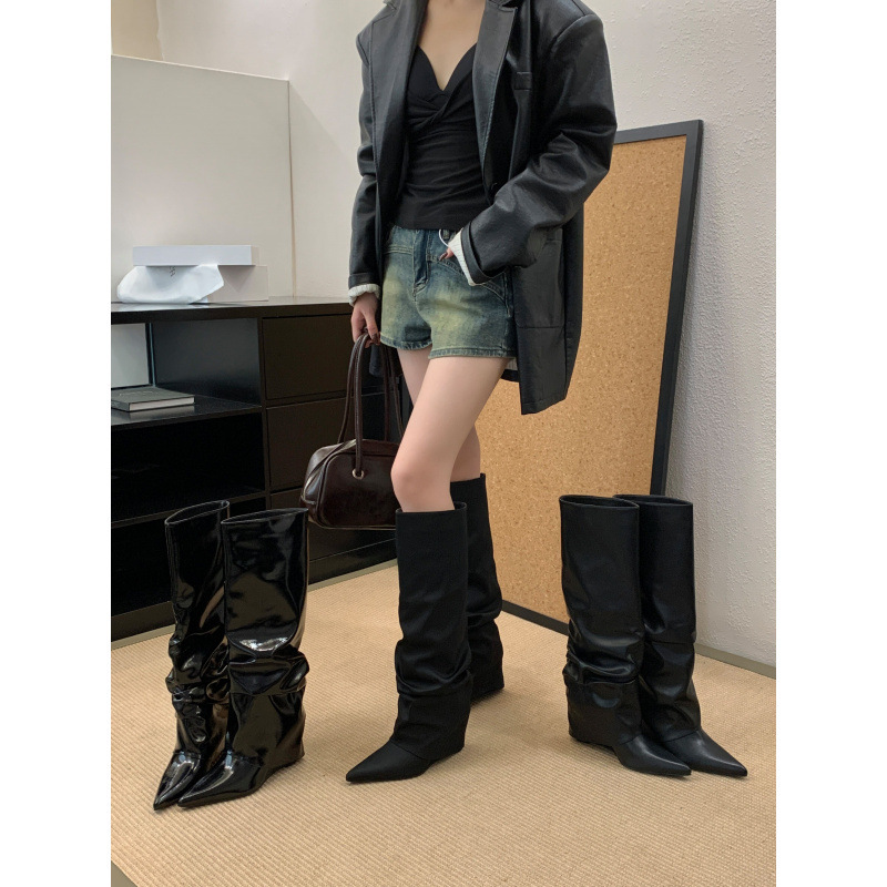 2025 Autumn and Winter New European and American Style Pointed Toe Wedge Pleated Knee-High Boots Versatile Sexy Women's Boots Boots
