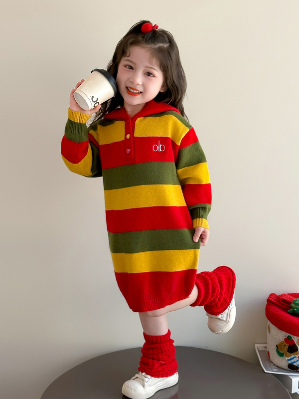 女童新款韩版彩虹条纹2025衣裙秋冬连帽针织针织衫童装中长款裙子|undefined