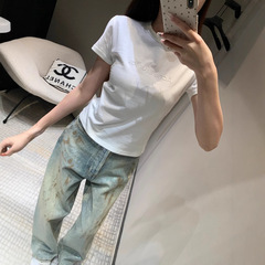 AC25早春新作潮牌胸刺繍アルファベット柄クラシックスリム丸襟半袖ショートtシャツ女性