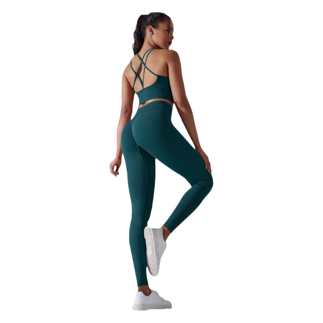 Transfronterizo europeo y americano sin costuras de punto de color sólido de nuevo alto elástico apretado ropa de yoga traje de entrenamiento ropa de dos piezas para las mujeres