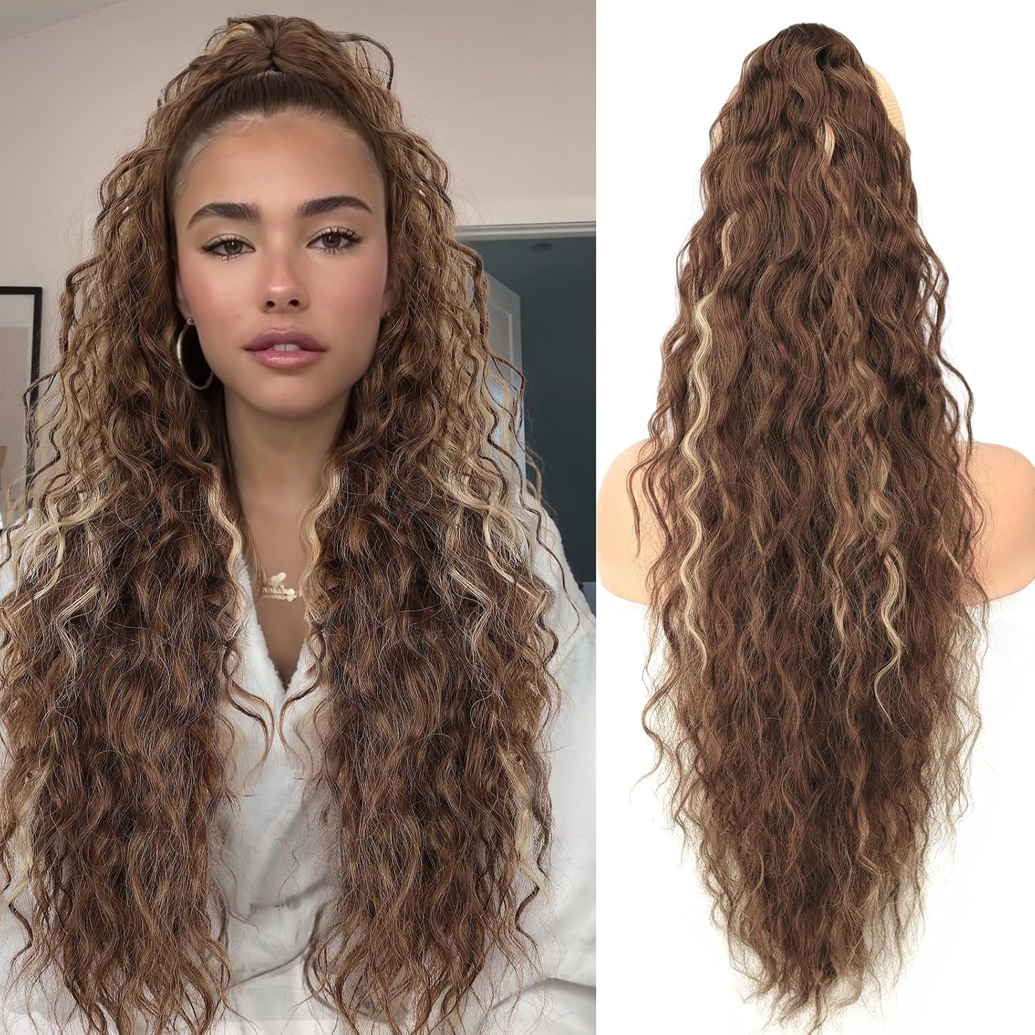 Xuchang peluca pinza cola de caballo ondulación de agua pelo largo y rizado cola de caballo natural esponjosa cola de caballo larga de Amazon 30 pulgadas