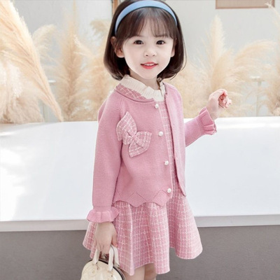 2022 new pattern girl Sweater dress Early Autumn Princess wind skirt Female baby Western style Long sleeve suit knitting Two piece set