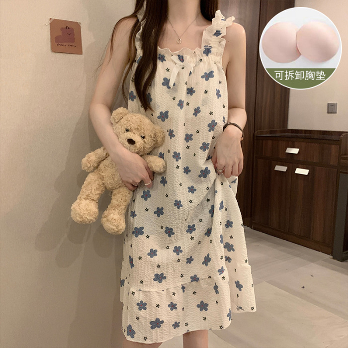 Camisón de verano las mujeres desmontable dulce Sling estudiante pijamas tejido burbuja algodón vestido desgaste en el hogar con el cojín del pecho