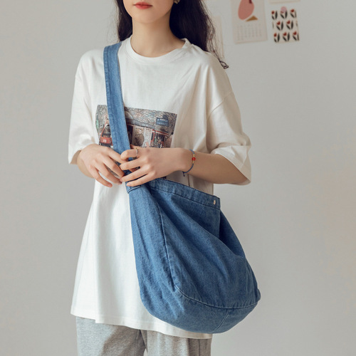 Minimalist denim bag for women, single-shoulder backpack, large capacity, Japanese-style crossbody bag, Korean-style cloth bag, school canvas tote bag
