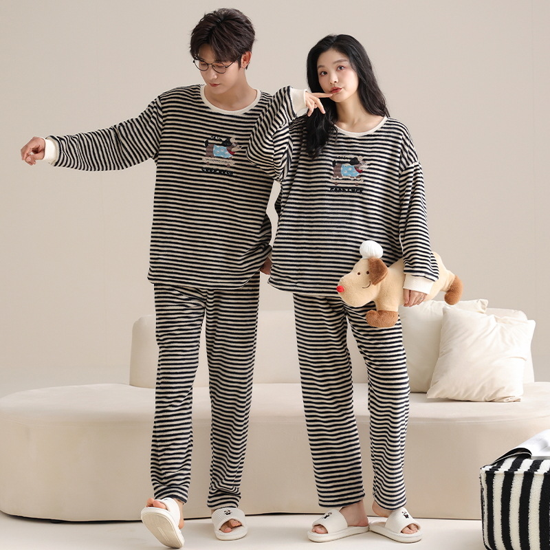 Pajamas de pareja otoño y invierno de terciopelo de coral cálido conjunto de mangas largas de franela casual se puede usar ropa de hogar a rayas