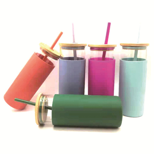 New Creative Water Cup Macaron Color Straw Cup Student Outdoor Water Cup Silicone Sleeve Insulated Glass Cup