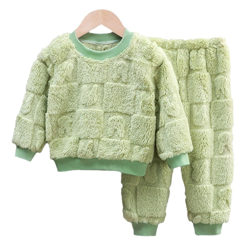 Children's Flannel Pajamas Set for Boys and Girls Korean Style Warm and Thickeneded Home Clothes Baby Plus Fleece Clothes Set