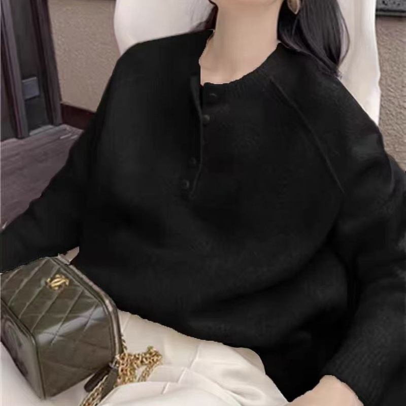 法式纯色高级感慵懒圆领针织打底衫女秋冬肌理感半开领软糯毛衣|undefined