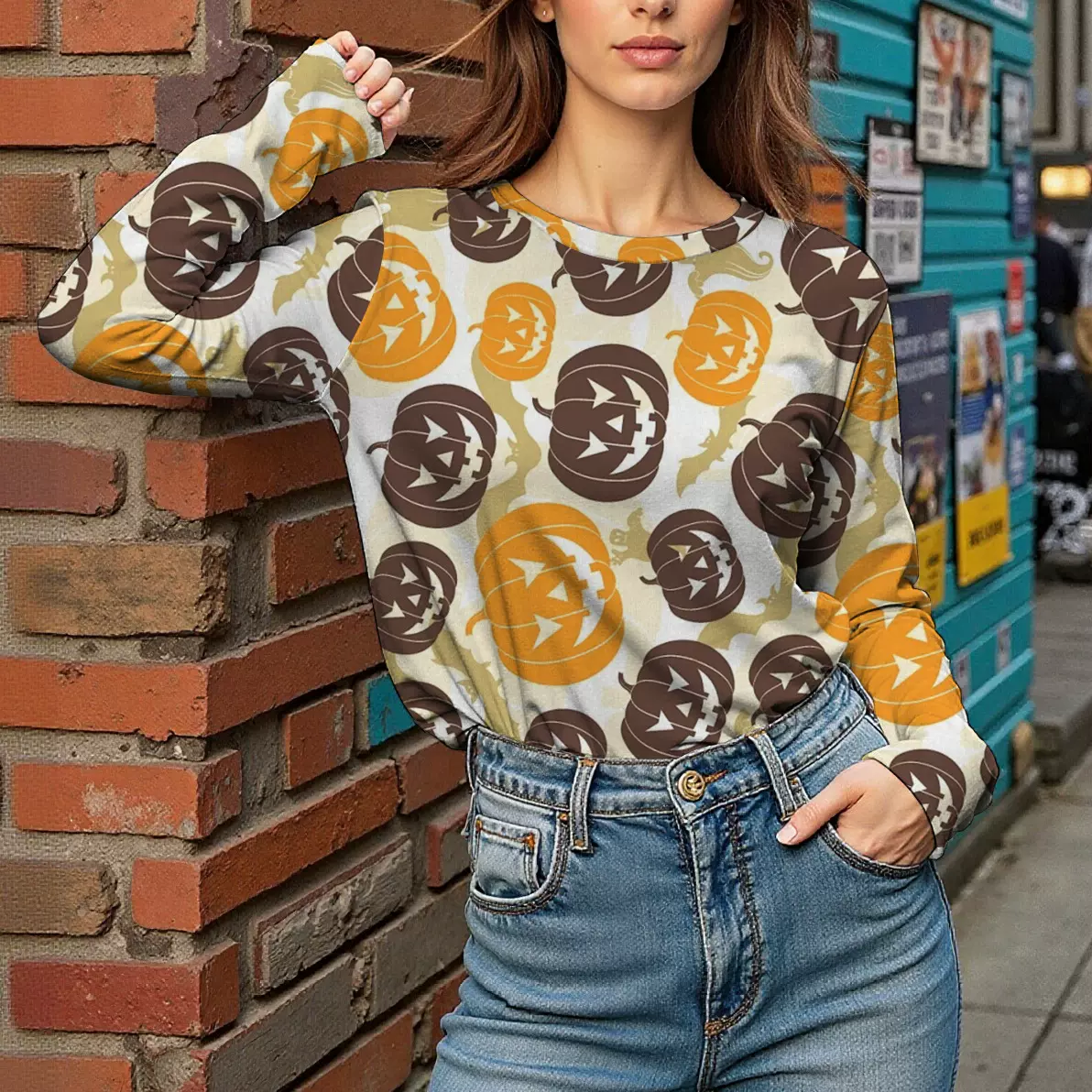 跨境独立站新款春秋季女士时尚定制印花打底衫 个性长袖圆领T恤女