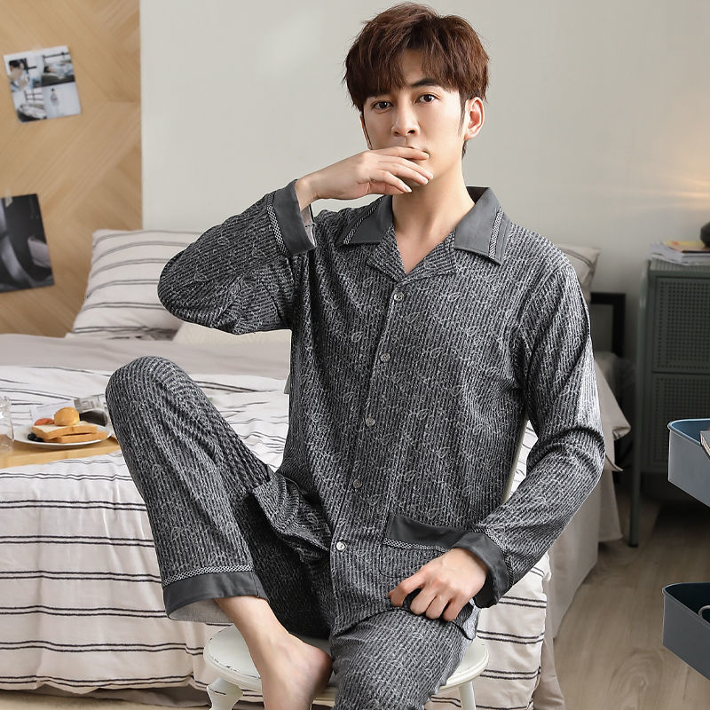 Pijama de algodón 100% de los hombres de manga larga de primavera y otoño más tamaño de otoño e invierno más el tamaño de los hombres gordos homewear traje