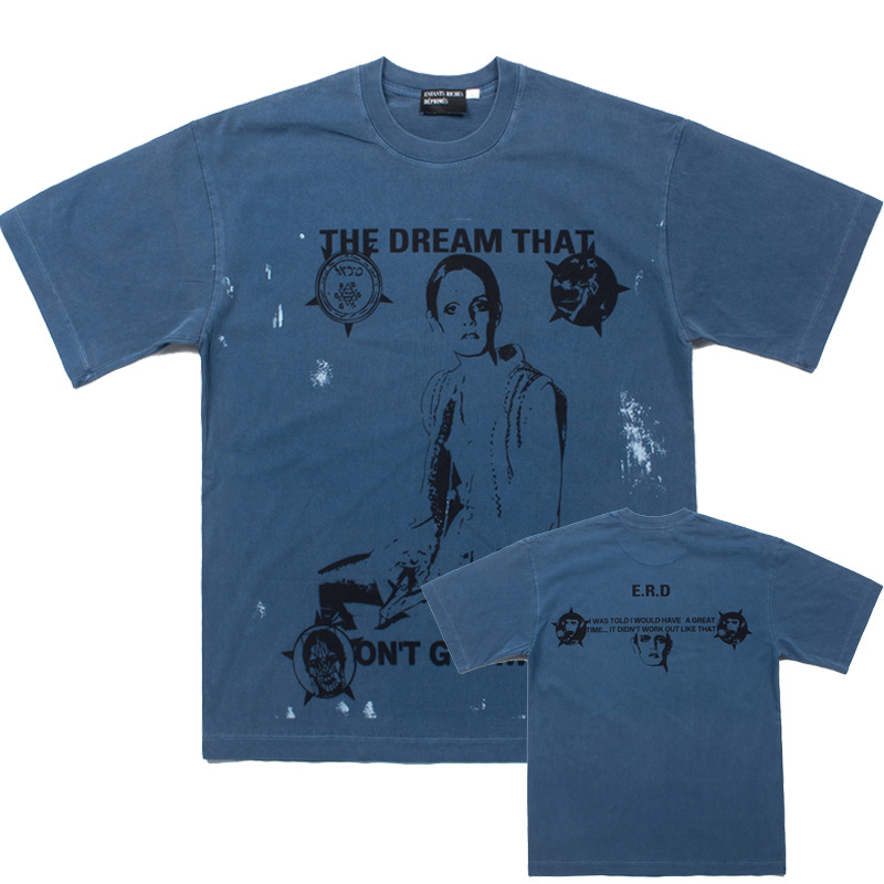 Trendy Erd Melancholic Rich Second-Generation Never-Give-Up Dream Print Denim Blue Washed Vintage Short-Sleeve T-Shirt