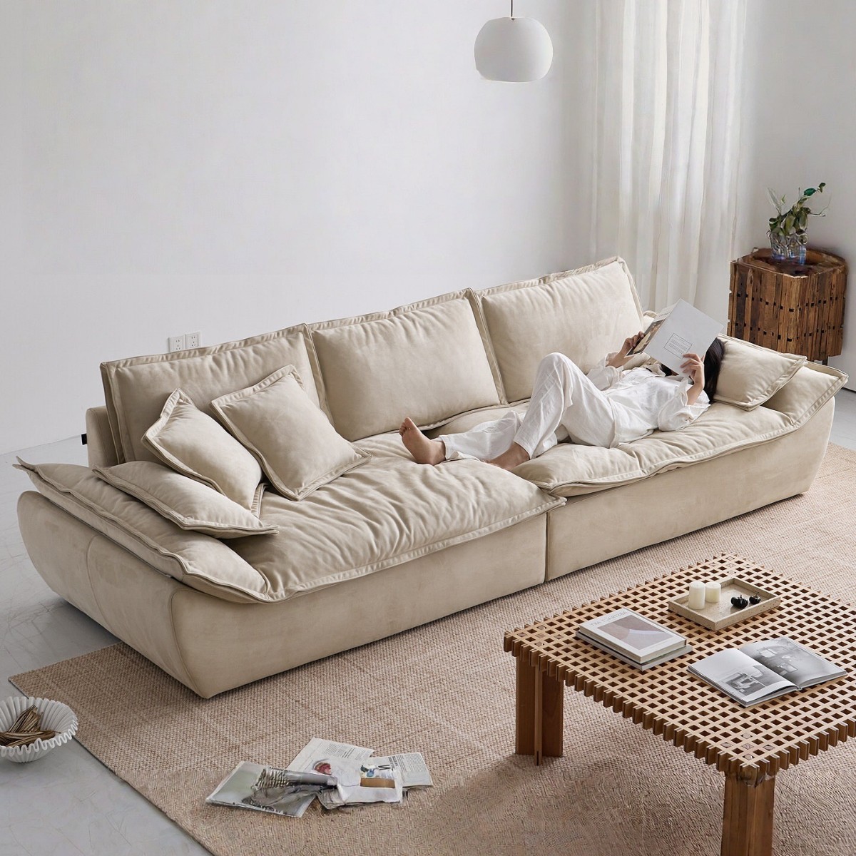 Sofá de tela de tecnología de viento crema minimalista italiano sala de estar grande perezosa nube recta sofá de tela