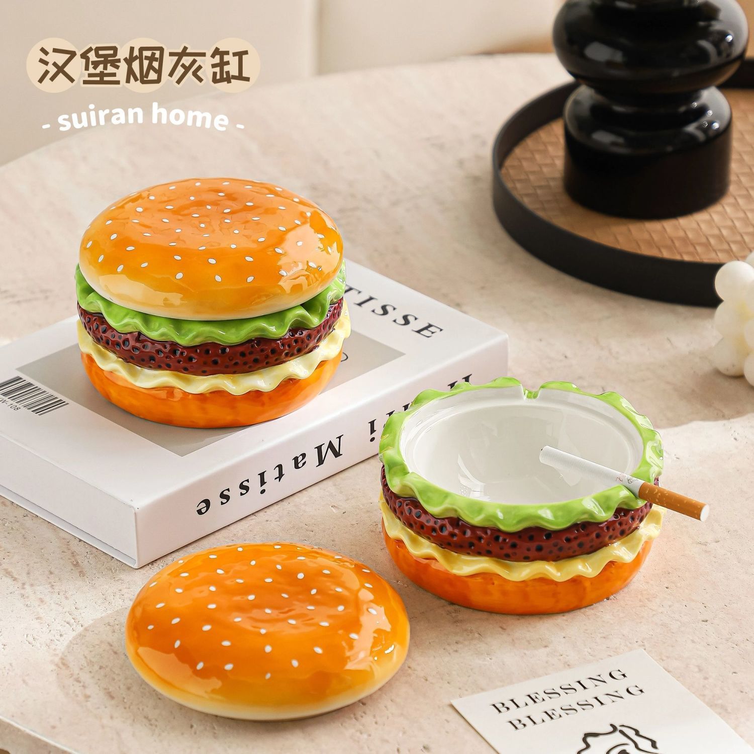 Cenicero de hamburguesa creativo con tapa a prueba de cenizas, atmósfera de alta gama, sala de estar, oficina en el hogar, cenicero de cerámica, sentido avanzado